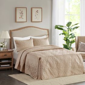 3 Piece Split Corner Pleated Quilted Bedspread Khaki Queen