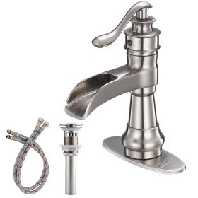 Waterfall Single Hole Single-Handle Low-Arc Bathroom Faucet With Pop-up Drain Assembly in Brushed Nickel